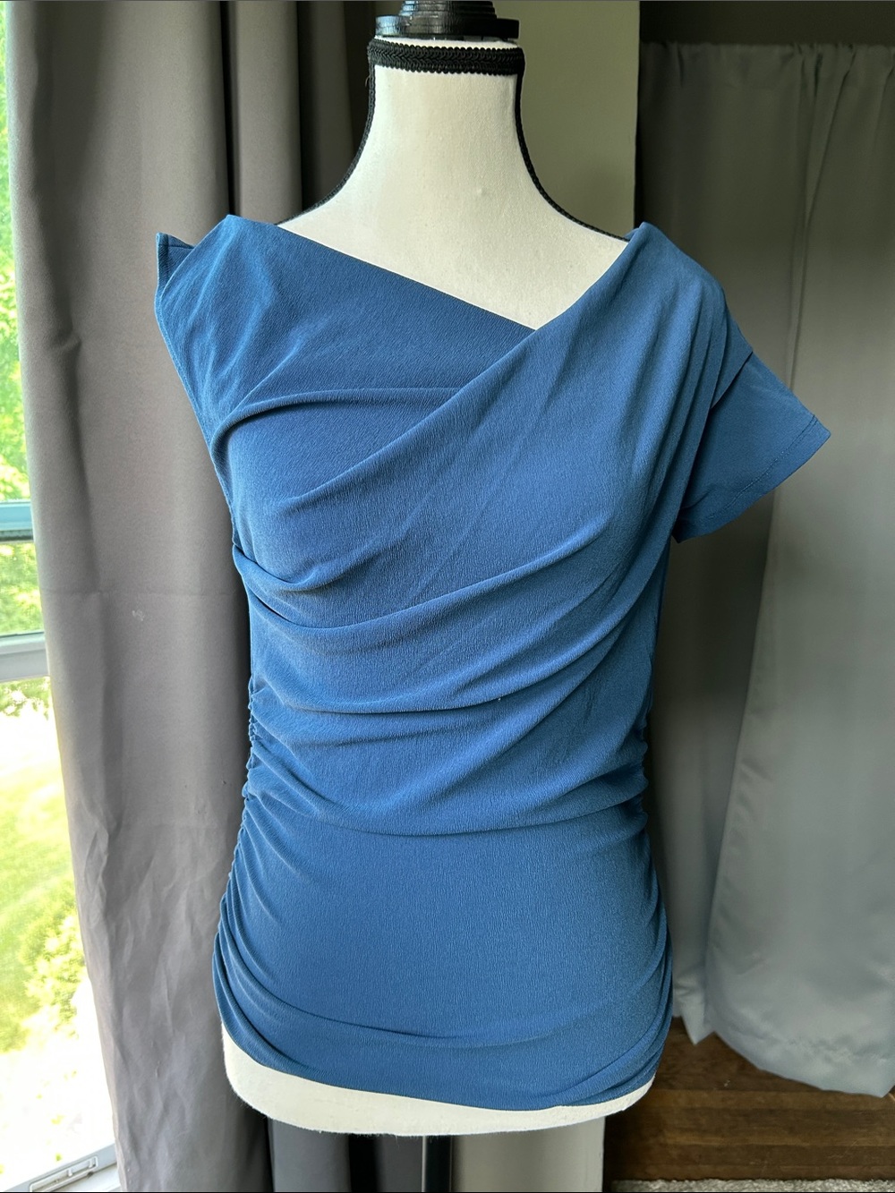 Zara Steel Blue Draped Asymmetrical Ruched Top